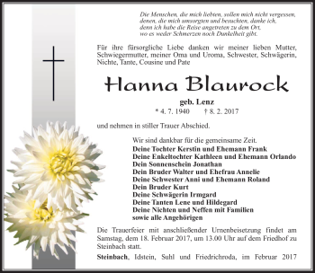 Traueranzeige von Hanna Blaurock von Südthüringer Presse