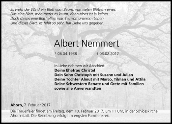 Traueranzeige von Albert Nemmert von Neue Presse Coburg