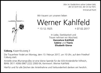 Traueranzeige von Werner Kahlfeld von Neue Presse Coburg