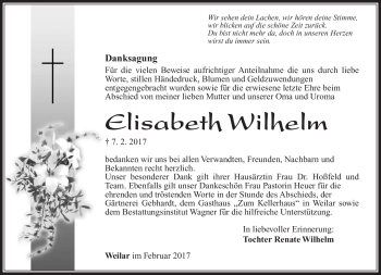 Traueranzeige von Elisabeth Wilhelm von Südthüringer Presse
