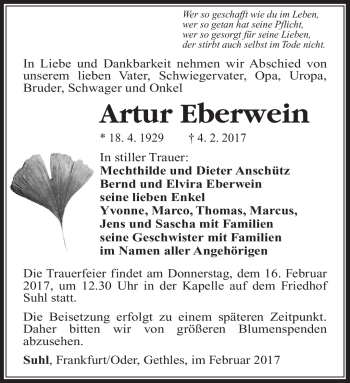 Traueranzeige von Artur Eberwein von Südthüringer Presse