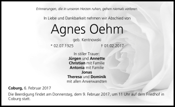 Traueranzeige von Agnes Oehm von Neue Presse Coburg
