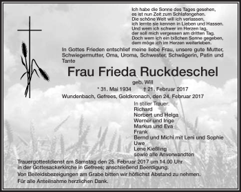 Traueranzeige von Frieda Ruckdeschel von Frankenpost