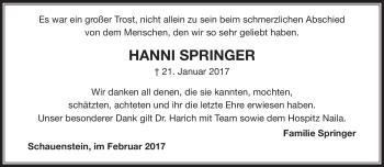 Traueranzeige von Hanni Springer von Frankenpost