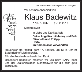Traueranzeige von Klaus Badewitz von Frankenpost