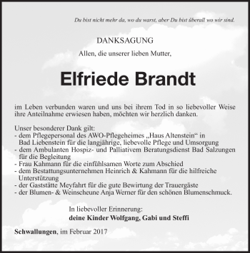 Traueranzeige von Elfriede Brandt von Südthüringer Presse