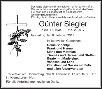 Traueranzeige von Günter Siegler von Frankenpost