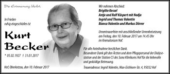 Traueranzeige von Kurt Becker von Frankenpost