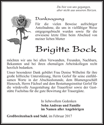 Traueranzeige von Brigitte Bock von Südthüringer Presse