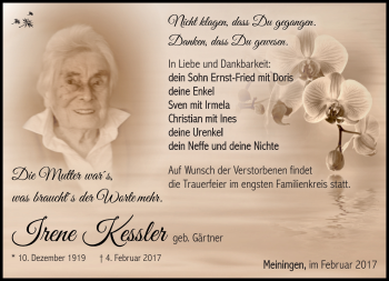 Traueranzeige von Irene Keßler von Südthüringer Presse