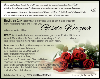 Traueranzeige von Gisela Wagner von Südthüringer Presse