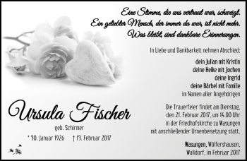 Traueranzeige von Ursula Fischer von Südthüringer Presse