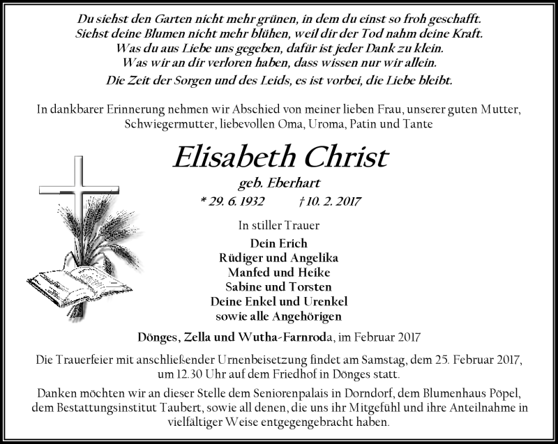  Traueranzeige für Elisabeth Christ vom 21.02.2017 aus Südthüringer Presse