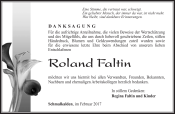 Traueranzeige von Roland Faltin von Südthüringer Presse