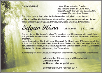 Traueranzeige von Edgar Horn von Südthüringer Presse
