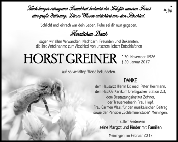Traueranzeige von Horst Greiner von Südthüringer Presse