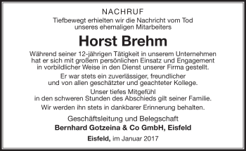 Traueranzeige von Horst Brehm von Südthüringer Presse