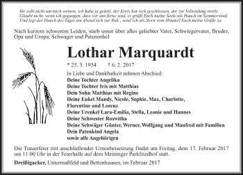 Traueranzeige von Lothar Marquardt von Südthüringer Presse