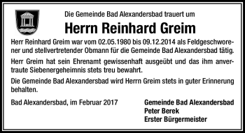 Traueranzeige von Reinhard Greim von Frankenpost