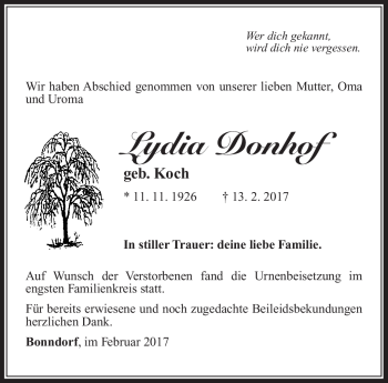 Traueranzeige von Lydia Donhof von Südthüringer Presse