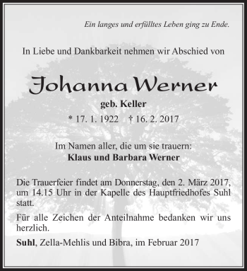 Traueranzeige von Johanna Werner von Südthüringer Presse