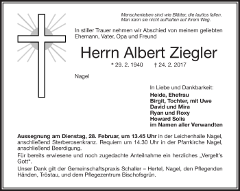 Traueranzeige von Albert Ziegler von Frankenpost