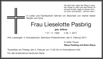 Traueranzeige von Lieselotte Pasbrig von Frankenpost