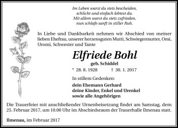 Traueranzeige von Elfriede Bohl von Südthüringer Presse