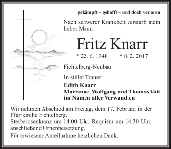 Traueranzeige von Fritz Knarr von Frankenpost