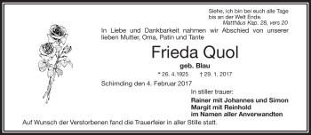 Traueranzeige von Frieda Quol von Frankenpost