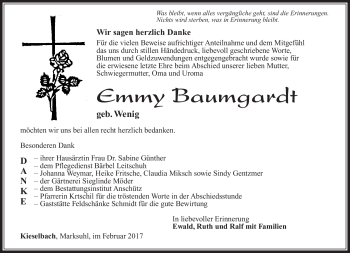 Traueranzeige von Emmy Baumgardt von Südthüringer Presse