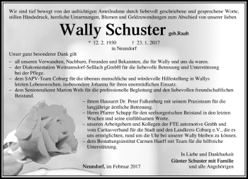 Traueranzeige von Schuster Wally von Neue Presse Coburg