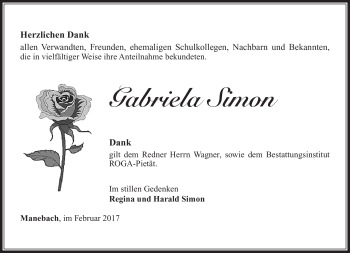 Traueranzeige von Gabriela Simon von Südthüringer Presse