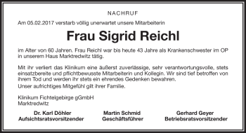 Traueranzeige von Sigrid Reichl von Frankenpost