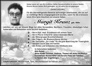 Traueranzeige von Margit Kranz von Südthüringer Presse