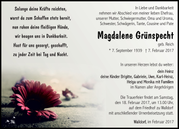 Traueranzeige von Magdalene Grünspecht von Südthüringer Presse