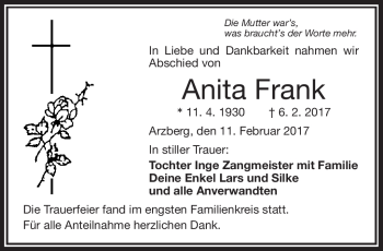 Traueranzeige von Anita Frank von Frankenpost