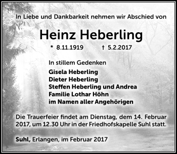 Traueranzeige von Heinz Heberling von Südthüringer Presse