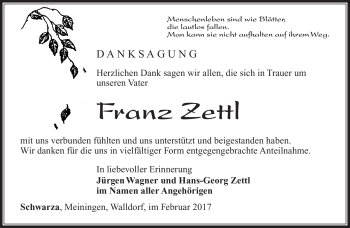 Traueranzeige von Franz Zettl von Südthüringer Presse