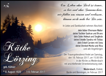 Traueranzeige von Käthe Lörzing von Südthüringer Presse