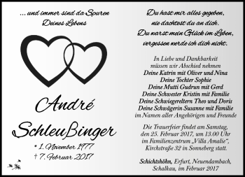 Traueranzeige von André Schleußinger von Südthüringer Presse