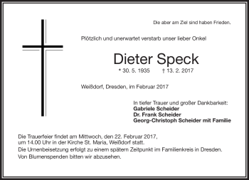 Traueranzeige von Dieter Speck von Frankenpost