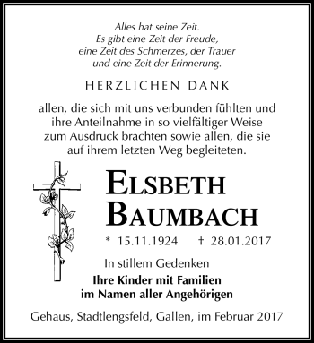 Traueranzeige von Elsbeth Baumbach von Südthüringer Presse