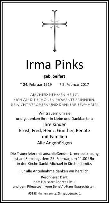 Traueranzeige von Irma Pinks von Frankenpost