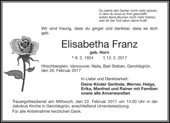 Traueranzeige von Elisabetha Franz von Frankenpost
