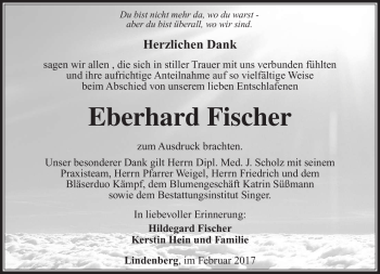 Traueranzeige von Eberhard Fischer von Südthüringer Presse