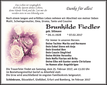 Traueranzeige von Brunhilde Fiedler von Südthüringer Presse