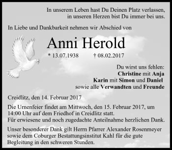 Traueranzeige von Anni Herold von Neue Presse Coburg