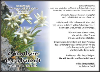 Traueranzeige von Günther Eckhardt von Südthüringer Presse