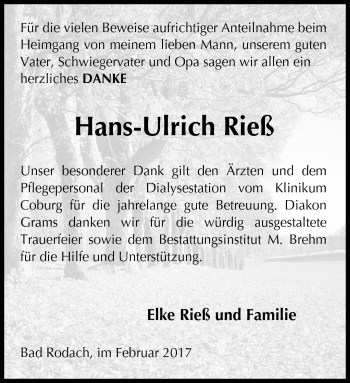 Traueranzeige von Hans-Ulrich Rieß von Neue Presse Coburg